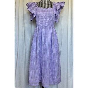 NEW Banana Republic Smocked Ruffle Midi Dress in Lavender Plaid Size S Pockets